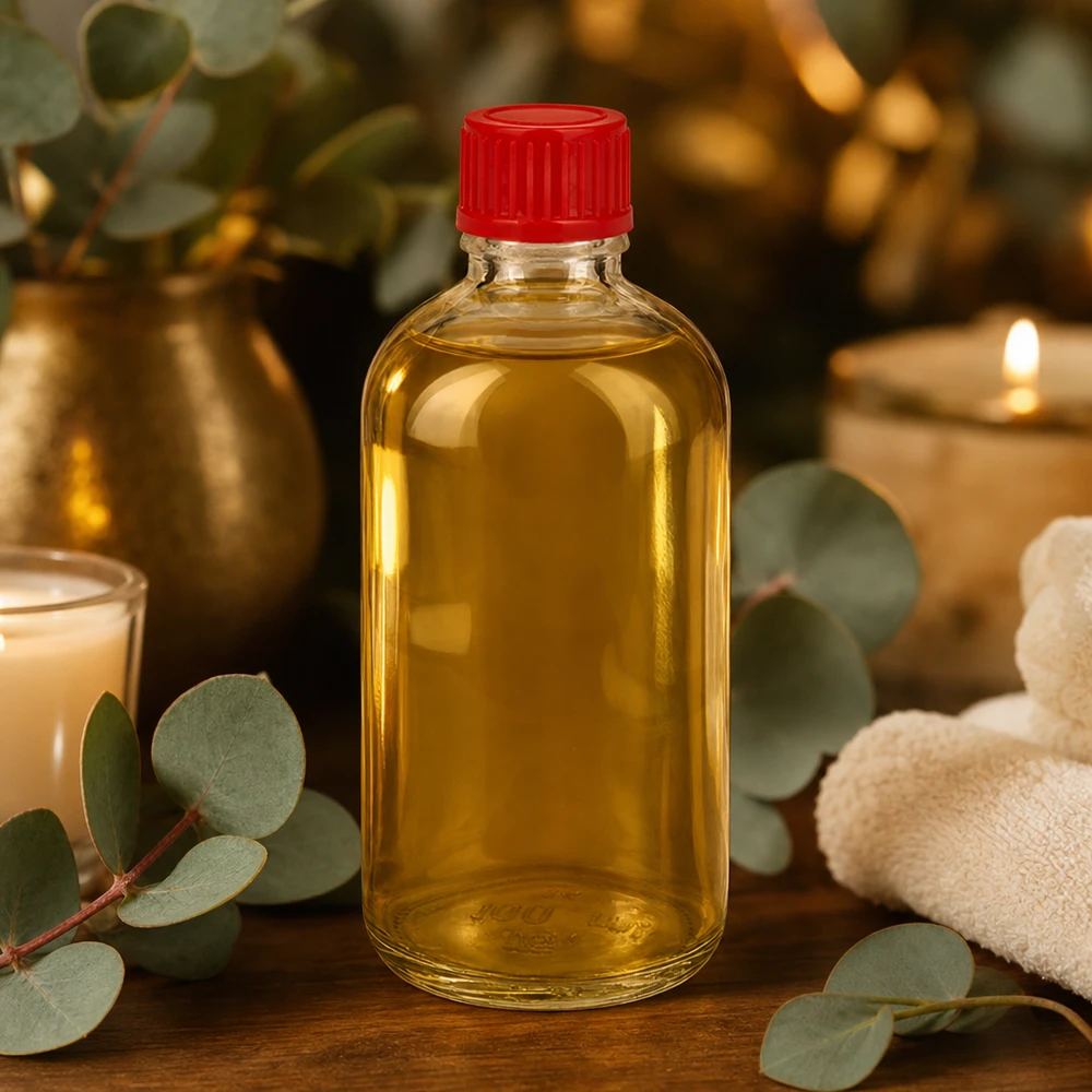 Aromatherapie-olieflesje 100 ml, helder glas, rode dop, ClearLine UT18/100, met eucalyptus en kaarsen