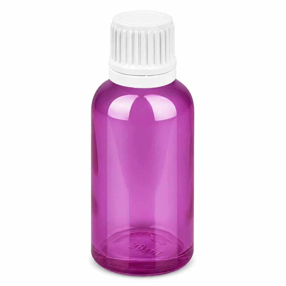 30ml druppelfles 0.7mm wit Originality schroefdop PurpleLine UT18/30 Paars 30ml druppelflesje met witte dop voor medicijnen en cosmetica