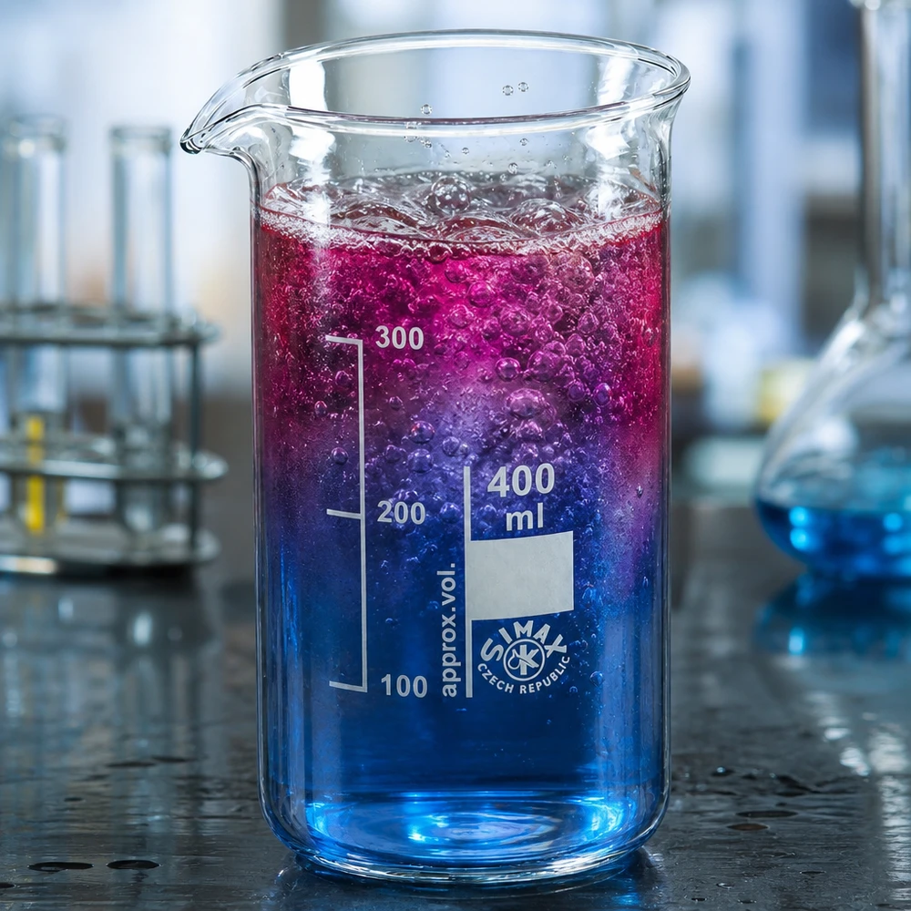 SIMAX borosilicaatglas bekerglas 400 ml, hoog model met violetblauwe indicatoroplossing