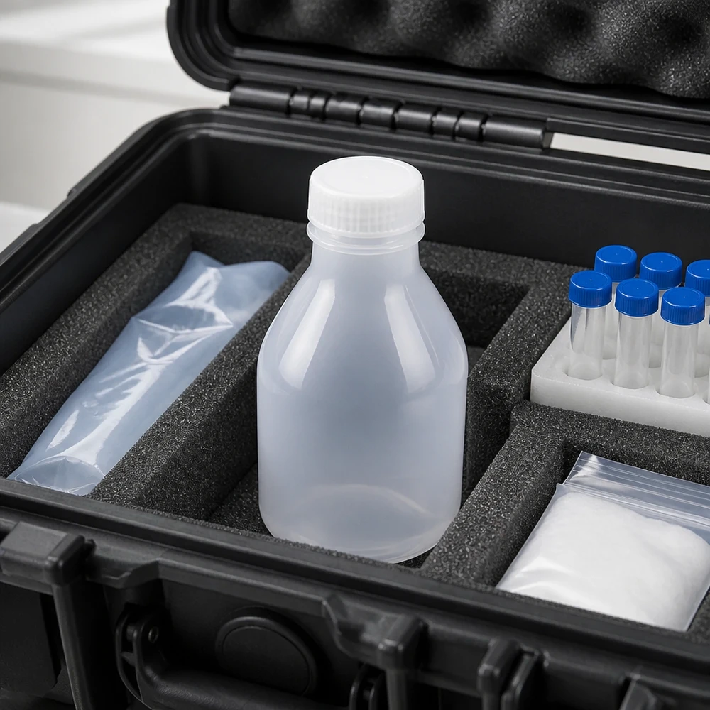 Nauwe hals laboratoriumfles 20ml zonder sluiting Laboratoriumflesje met smalle hals van 20 ml zonder dop, met witte schroefdop, in een draagbare monsterkoffer
