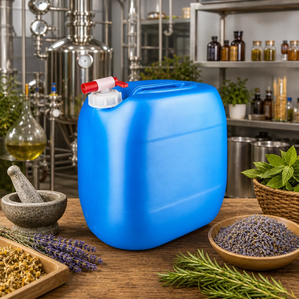 Veelzijdige voorraadcontainer van 30 liter in blauw met tapkraan voor natuurextracten en plantenwater