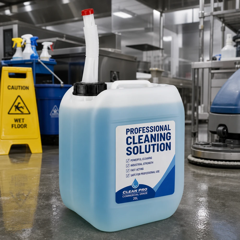 Chemicaliënjerrycan van 5 liter met draaggreep en buigzame uitloopbuis voor industriële reinigingswerkzaamheden