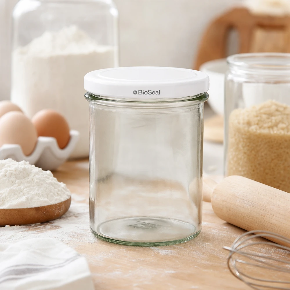 350ml bekers met BioSeal deksel wit UNiTWIST UNiTWIST Lintel350 lege pot in bakscène met bloem eieren en keukengerei toont veelzijdig gebruik TO82 BioSeal