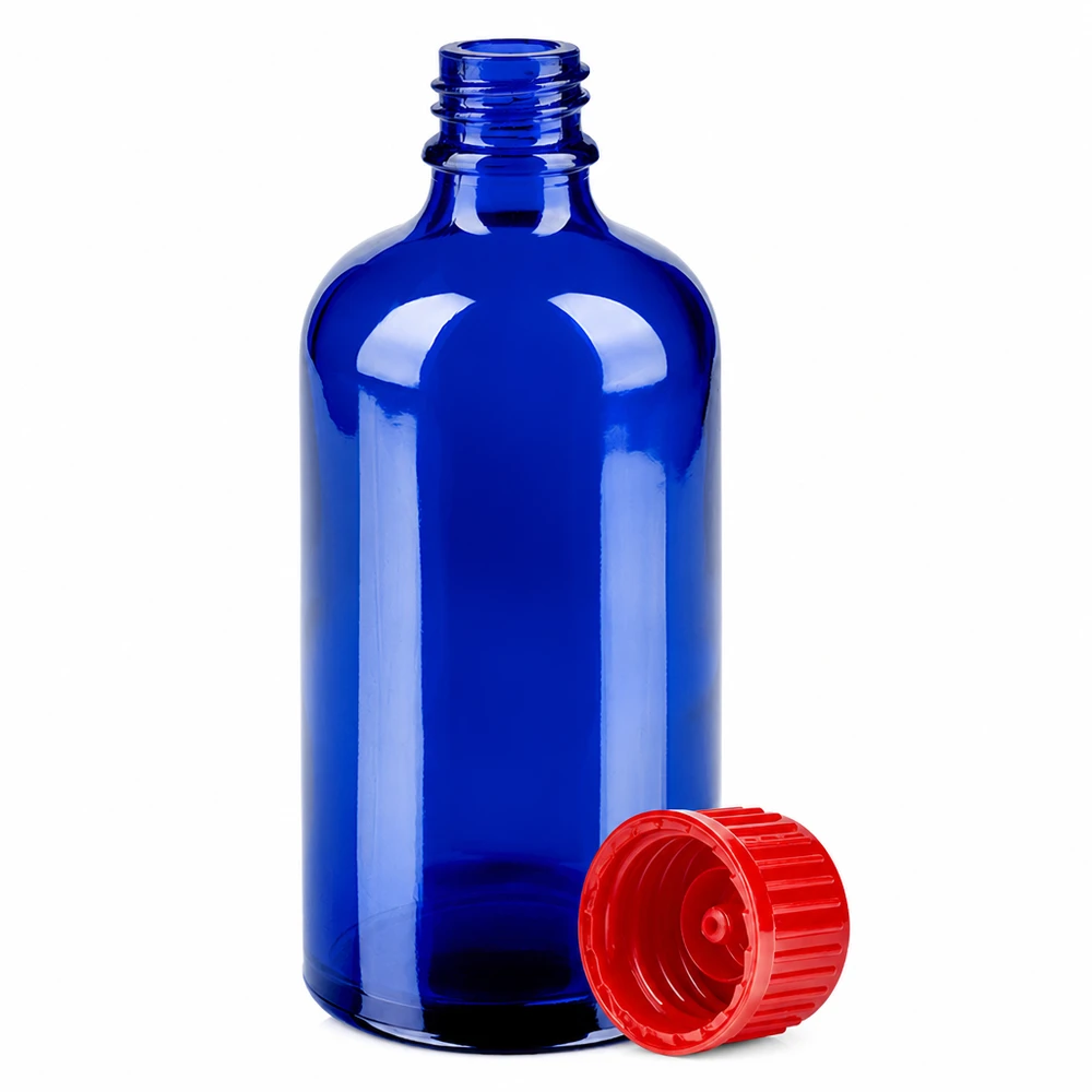 100ml fles 11mm SV rood STD BlueLine UT18/100 Ronde schouderfles 100ml blauw met rode SV dop ideaal voor tincturen en essences