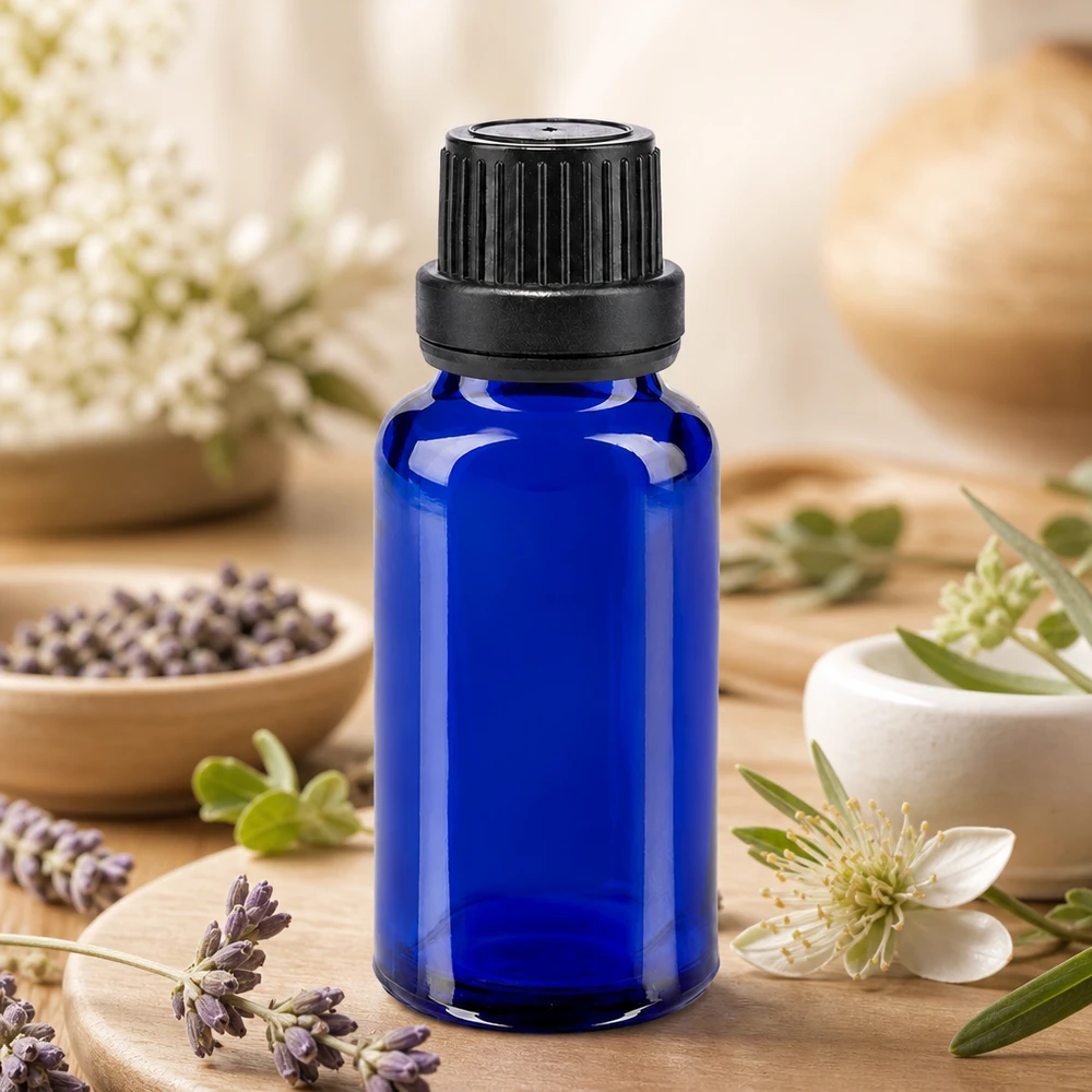 Blauwe glazen flessen 20ml met zwart schroefsluiting VR Aromatherapie-flesje van 20 ml, blauw apothekersglas met schroefdop en decoratie met geneeskrachtige kruiden
