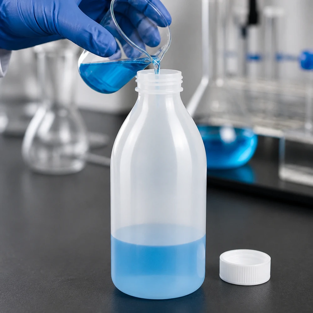 Nauwe hals laboratoriumfles 500ml met schroefsluiting 500ml PE Schraubflasche Enghals neben weißem Deckel und Erlenmeyerkolben