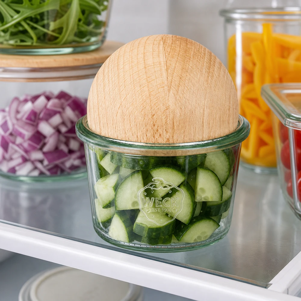 WECK 80ml RR60 bekers met beukenhouten boldeksel in de koelkast met gesneden augurken om ze vers te houden