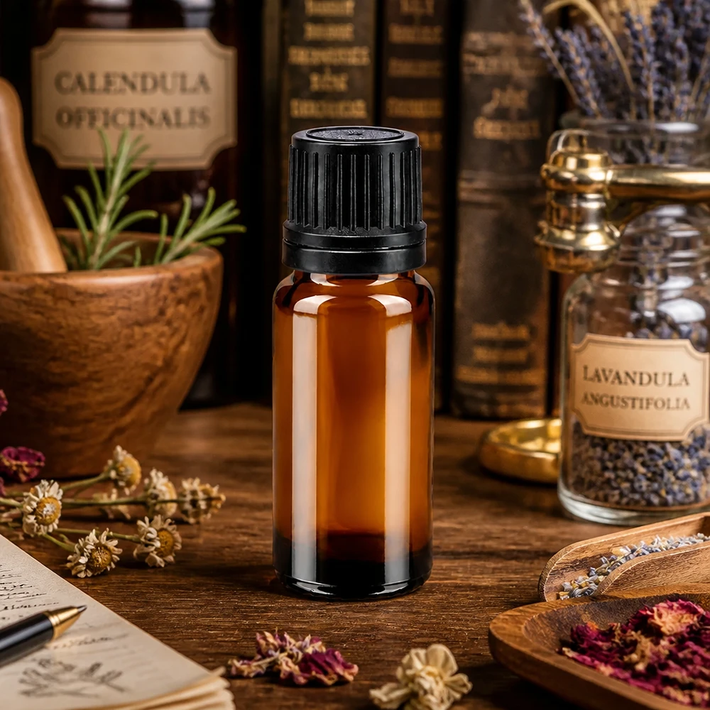 Bruine glazen fles 10ml met zwart druppelsluiting 1mm VR Compacte bruine glazen fles van 10 ml, OV zwart, naast Calendula en Lavandula angustifolia