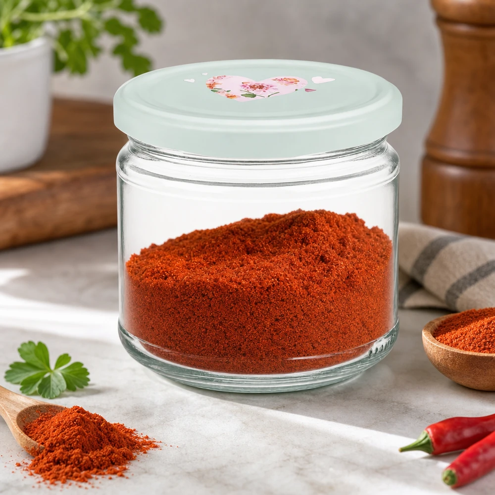 330ml ronde pot gevuld met rode paprika BasicSeal deksel hartjesmotief mint kruidenpot voorraadpot keuken