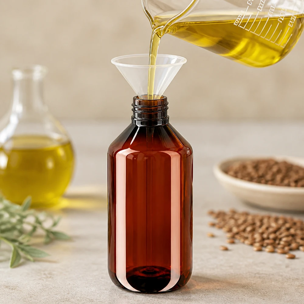 50 ml PET medicijnfles met verstuiver zwart GCMI 28/410 incl. dop transparant, standaard Braune PET Enghalsflasche 500ml mit OV Verschluss neben Hanfsamen und Olivenöl
