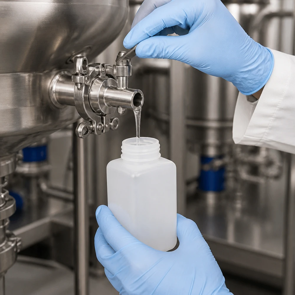 Stevige PE-HD-fles met brede hals, 1000 ml, naturel, voor het nemen van monsters in een farmaceutische productieomgeving