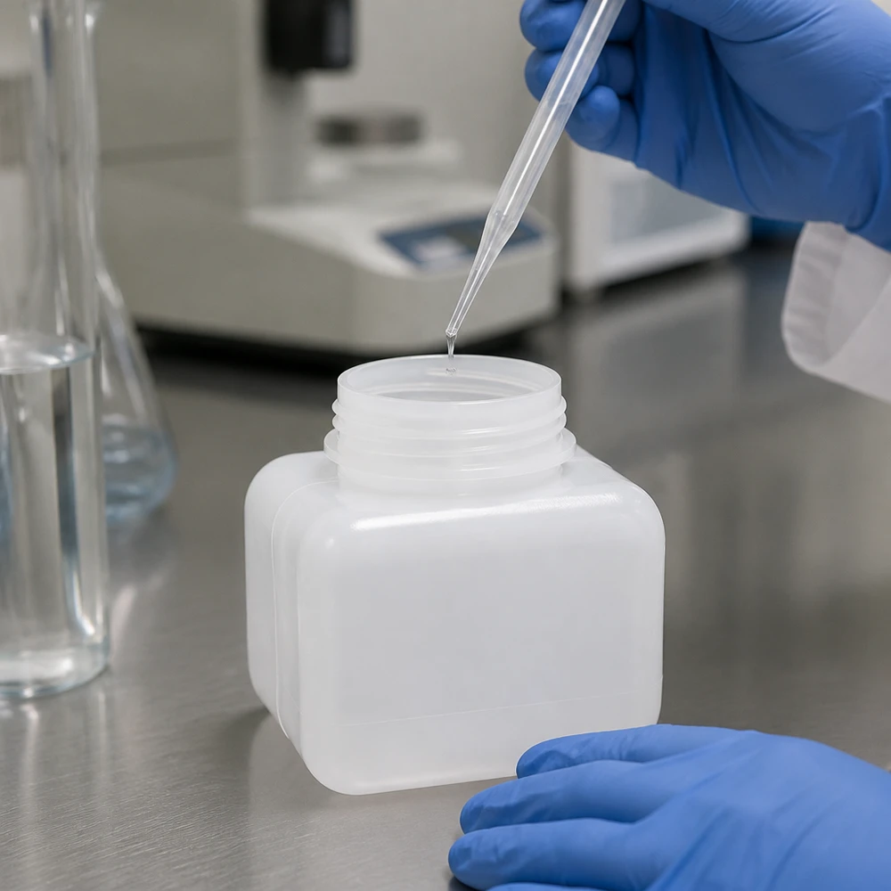 Veilig omgaan met chemicaliën in een PE-HD-fles met brede hals van 250 ml, met beschermende handschoenen