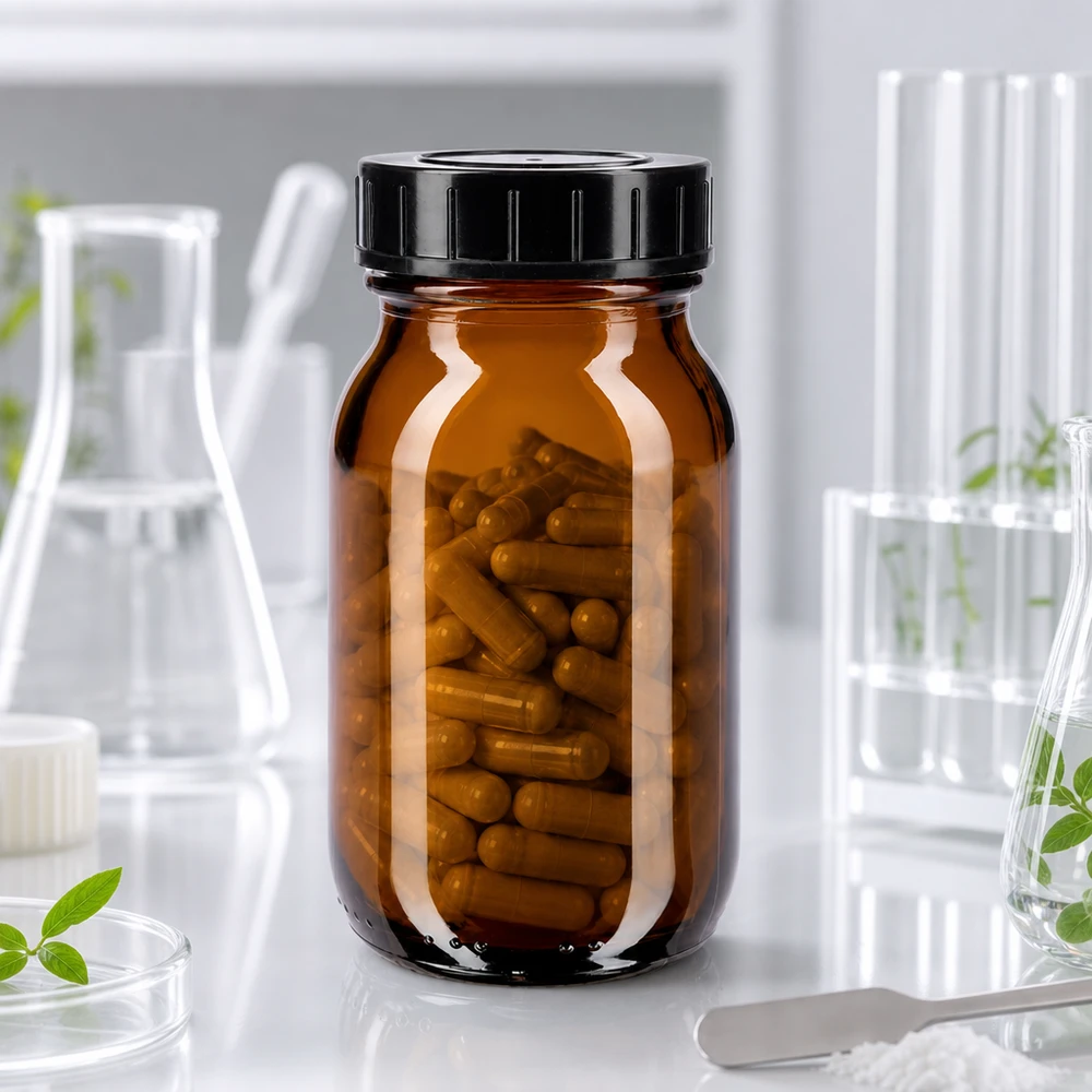 Fles met wijde hals 100 ml bruin glas met schroefdeksel Glazen fles met brede hals 100ml in bruin met brede opening voor gemakkelijk vullen