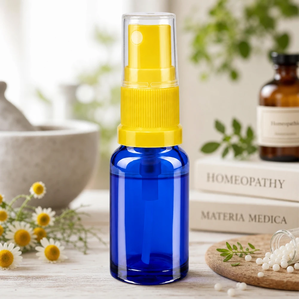 Blauwe glazen flessen 10ml met geel pompverstuiver Farmaceutische verstuiverfles van blauw glas, 10 ml, met gele verstuiverkop, transparante afsluiting