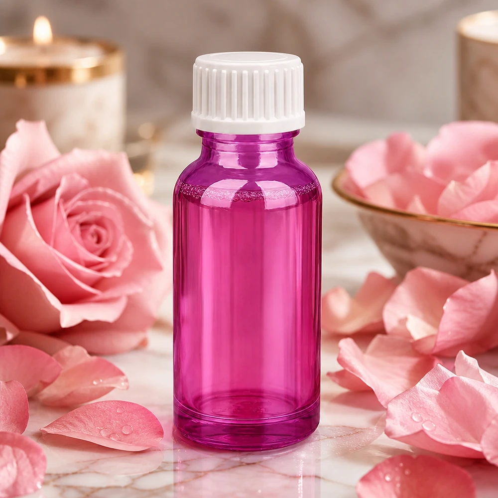 Premium glazen flesje van 20 ml in levendig paars met kindveilige dop voor natuurlijke producten
