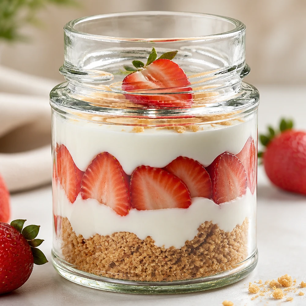 154ml rond glas zonder deksel (TO58deep) UNiTWIST Doorzichtig rond glas 154 ml TO58deep met aardbeiendessert als serveerglas