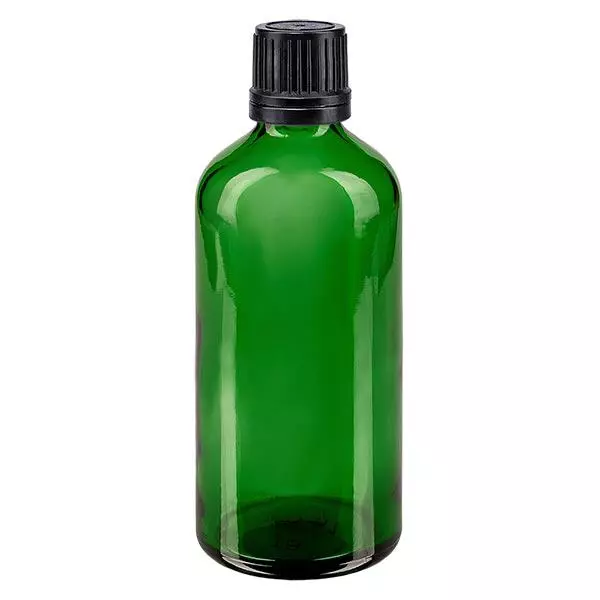 Groenen glazen flessen 100ml met zwart schroefsluiting uitgietring VR Groenen glazen flessen 100ml met zwart schroefsluiting uitgietring VR