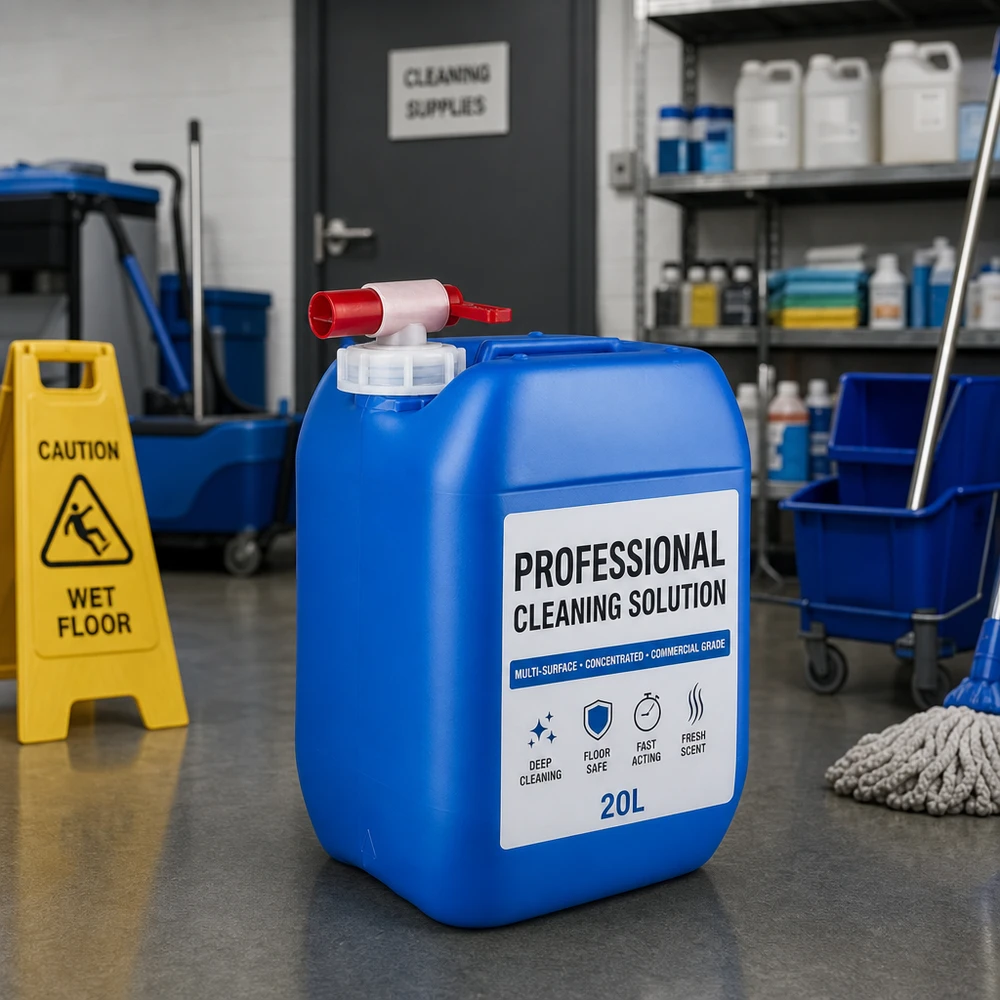 Canister 10 liter blauw met aftapkraan Rechthoekige blauwe jerrycan van 10 liter met doseerkraan voor reinigingsmiddelen