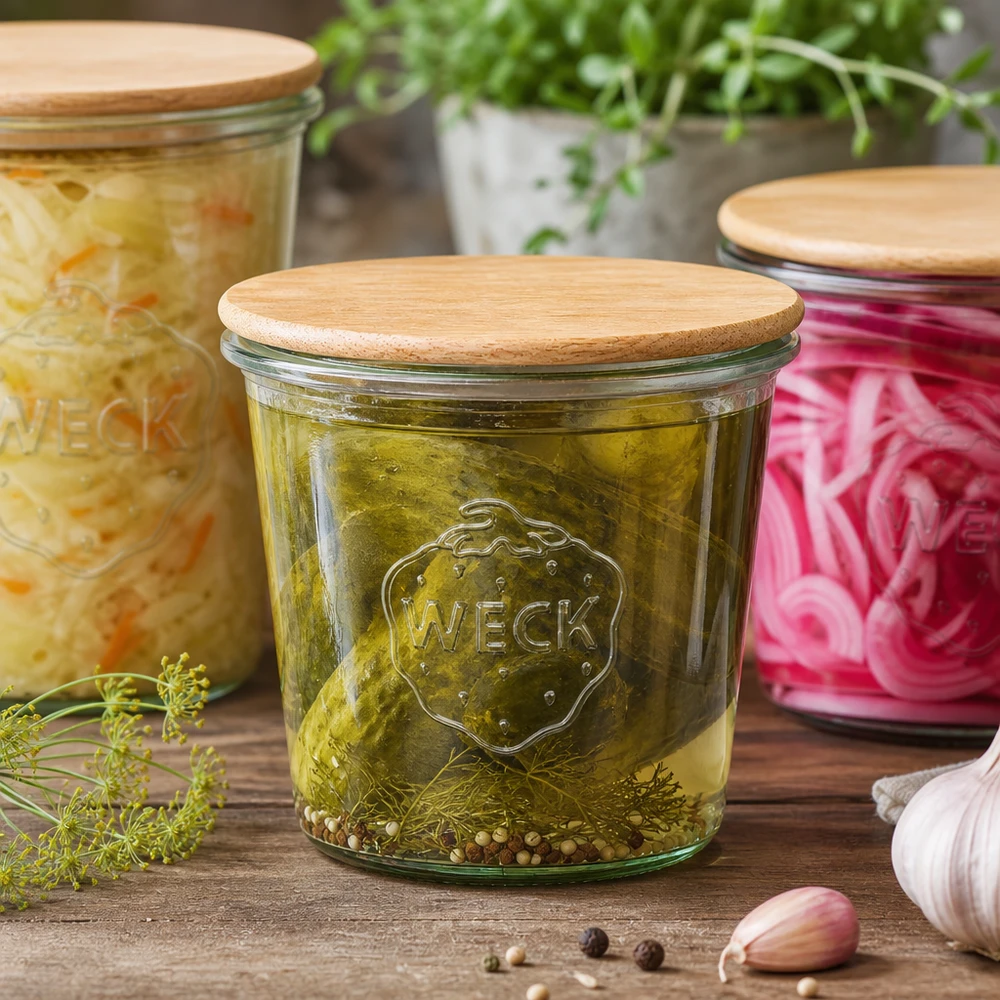 580ml stortglas WECK RR100 met hout deksel WECK 580 ml glazen pot met houten deksel gevuld met ingemaakte augurken, keukenscène met verse kruiden en knoflook