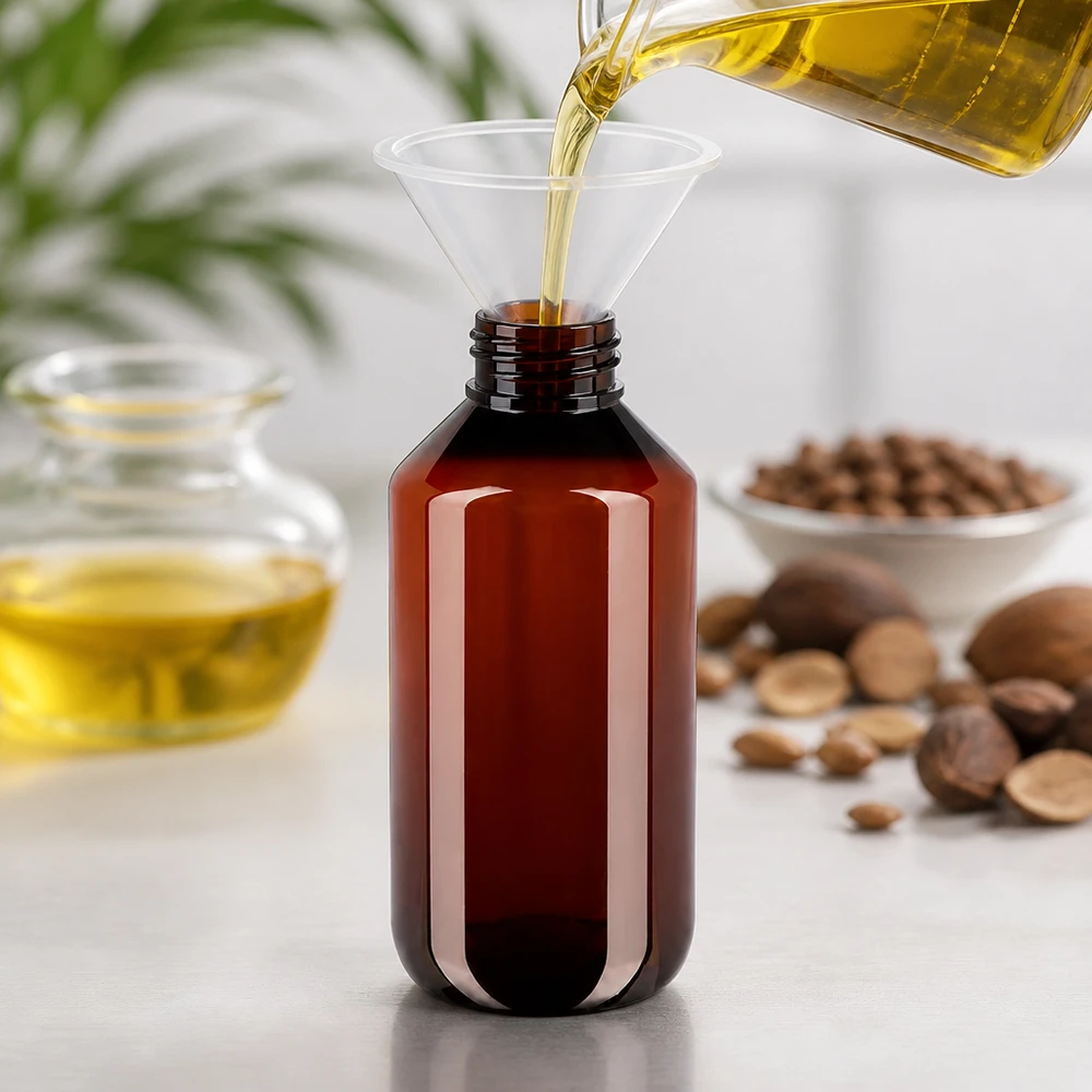 Hervulbare plastic fles van 200 ml, bruin, met witte originele dop voor verzorgingsoliën
