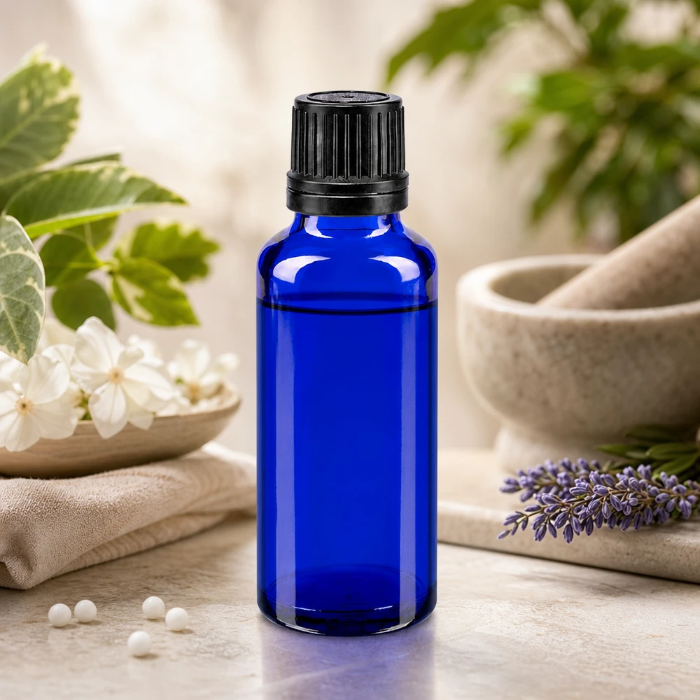 Cilindrische blauwe glazen fles van 30 ml met OV-schroefdop voor etherische oliën en essences