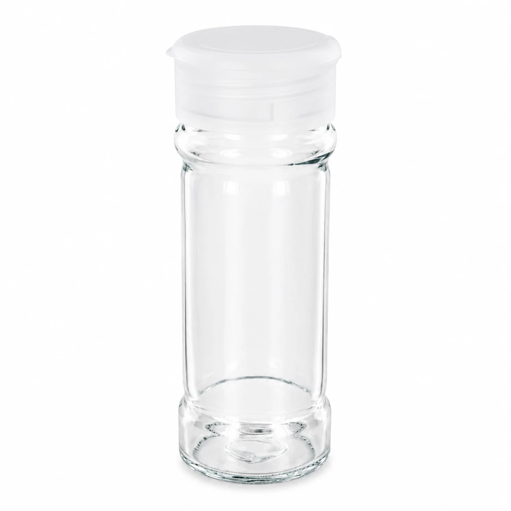 Zout-/kruidenpotje 100 ml met strooier, wit Leeg kruidenpotje van 100 ml, van helder glas met een witte kunststof strooier
