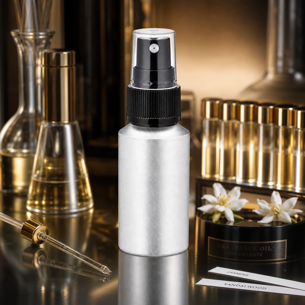 30 ml aluminium fles gebeitst incl. pompverstuiver zwart Navulbare aluminium fles van 30 ml met zwarte sproeikop, ideaal voor zelf gemengde geuren