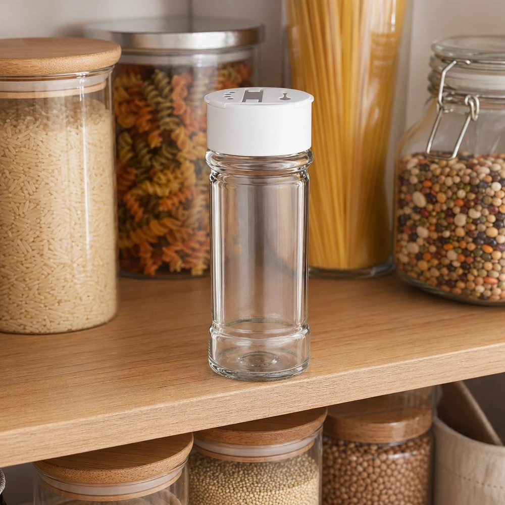 Klein kruidenpotje van 100 ml met een wit plastic deksel op een houten plank tussen de voorraadpotten