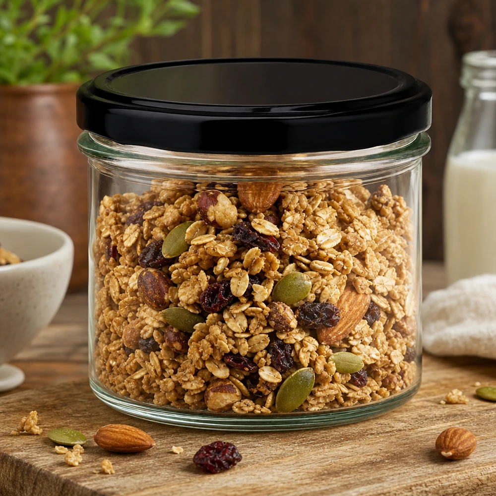 225 ml mason jar met zwart deksel gevuld met muesli en noten - praktische voedselopslag