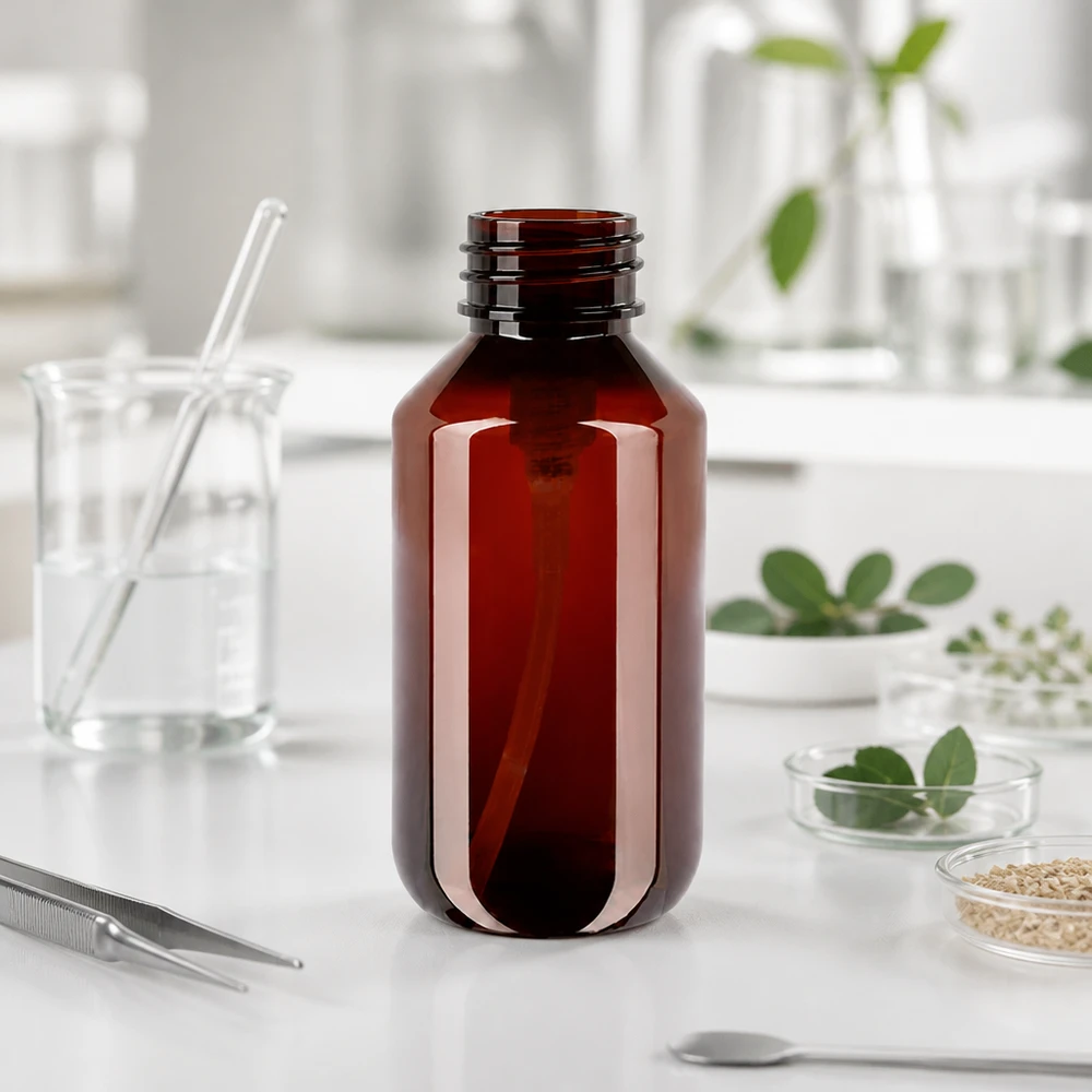 PET-fles 200ml met dispenserpomp zwart Open bruine PET-fles van 200 ml naast een pincet en een glazen beker in het laboratorium voor natuurlijke cosmetica