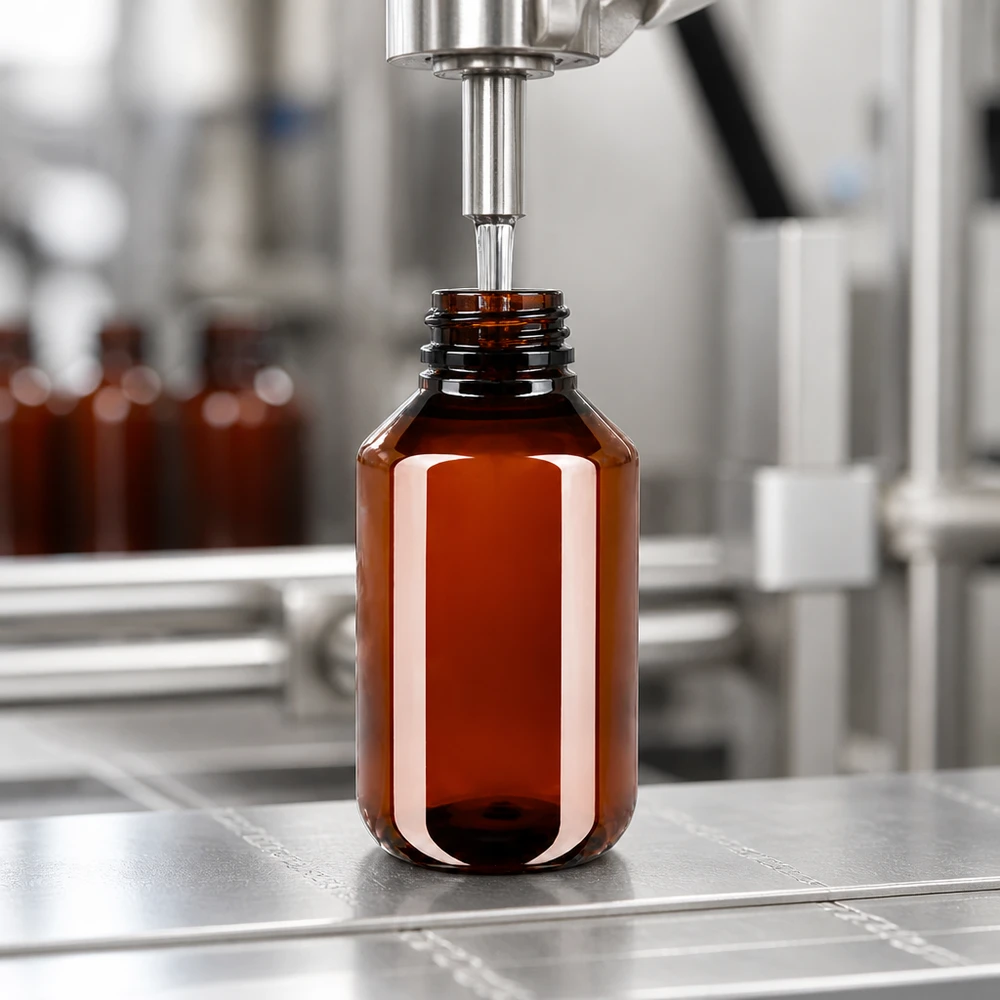 Lichtbestendige PET-fles van 100 ml, amberkleurig, in een geautomatiseerd afvulproces