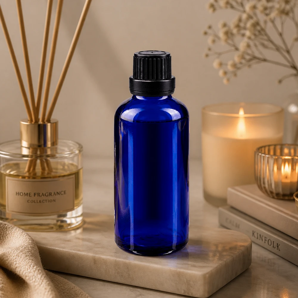 Donkerblauwe apothekersfles van 50 ml, UV-bestendig glas, met druppelaar en zwarte dop
