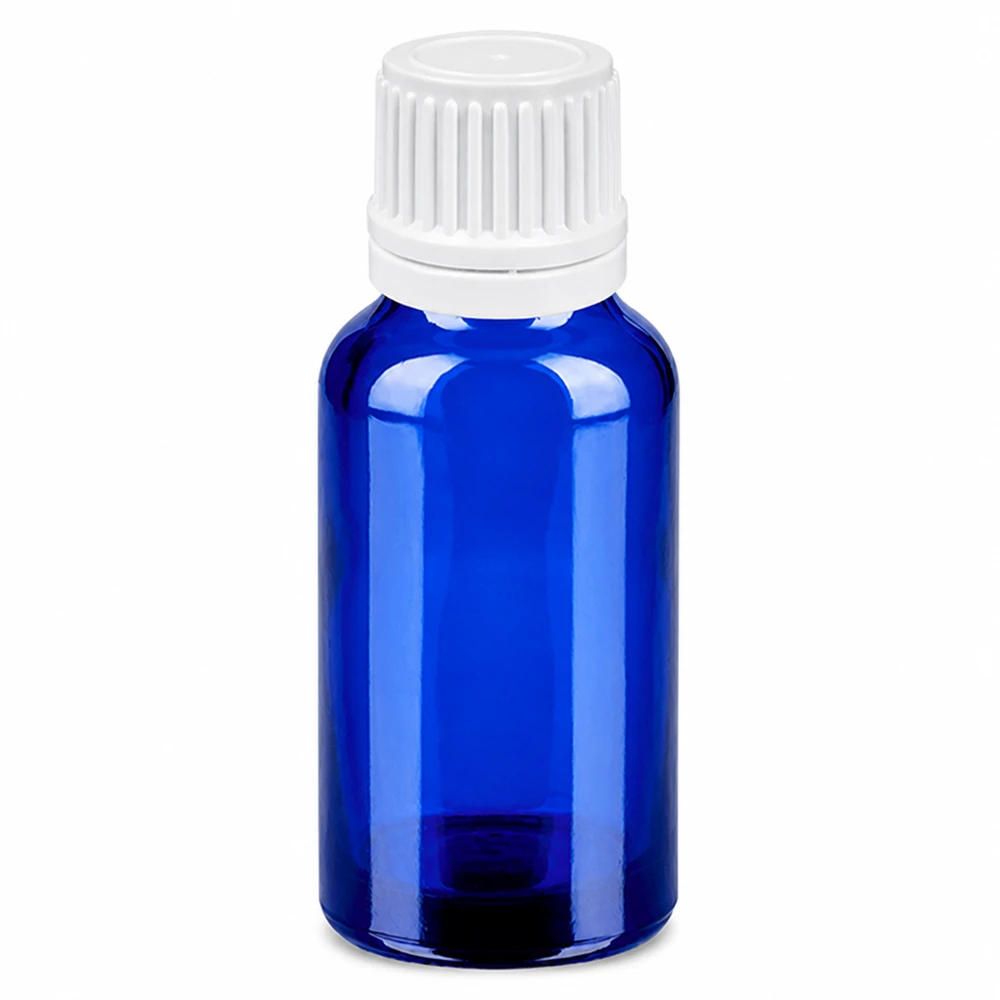 20ml Druppelflesje 0.7mm wit OV BlueLine UT18/20 20 ml druppelflesje van blauw glas met witte dop voor nauwkeurig doseren