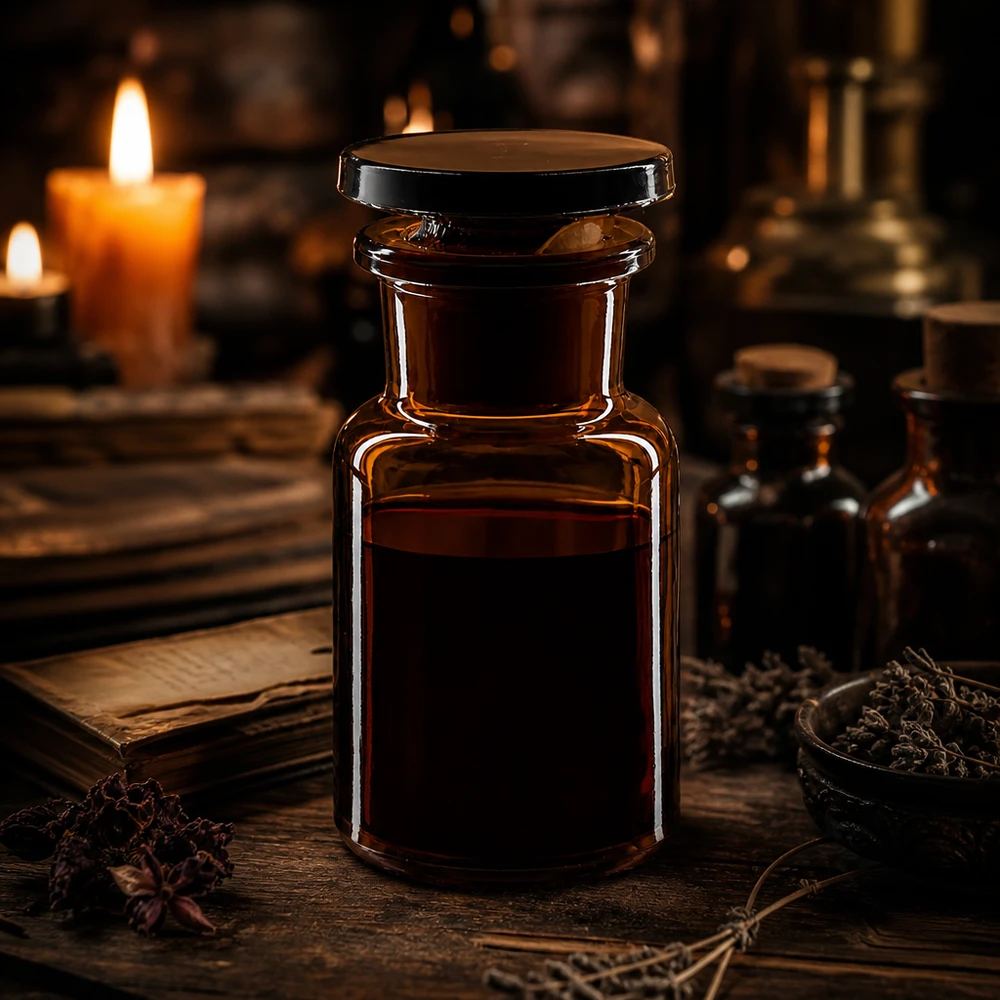 Hermetisch afsluitbare bruine glazen fles van 50 ml met brede hals en een nauwkeurige glazen stop