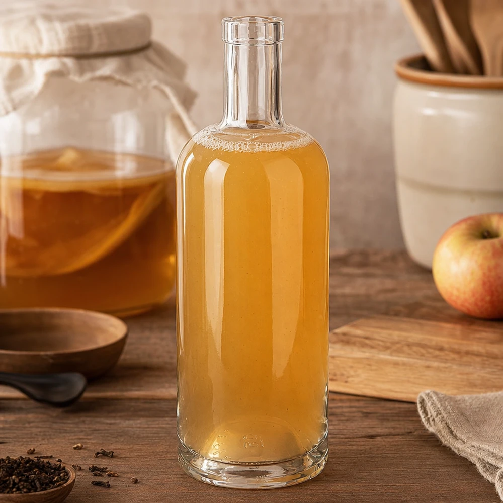 750ml glazen fles Emma gevuld met appelciderazijn in rustieke keuken naast appel en keukengerei op houten plank