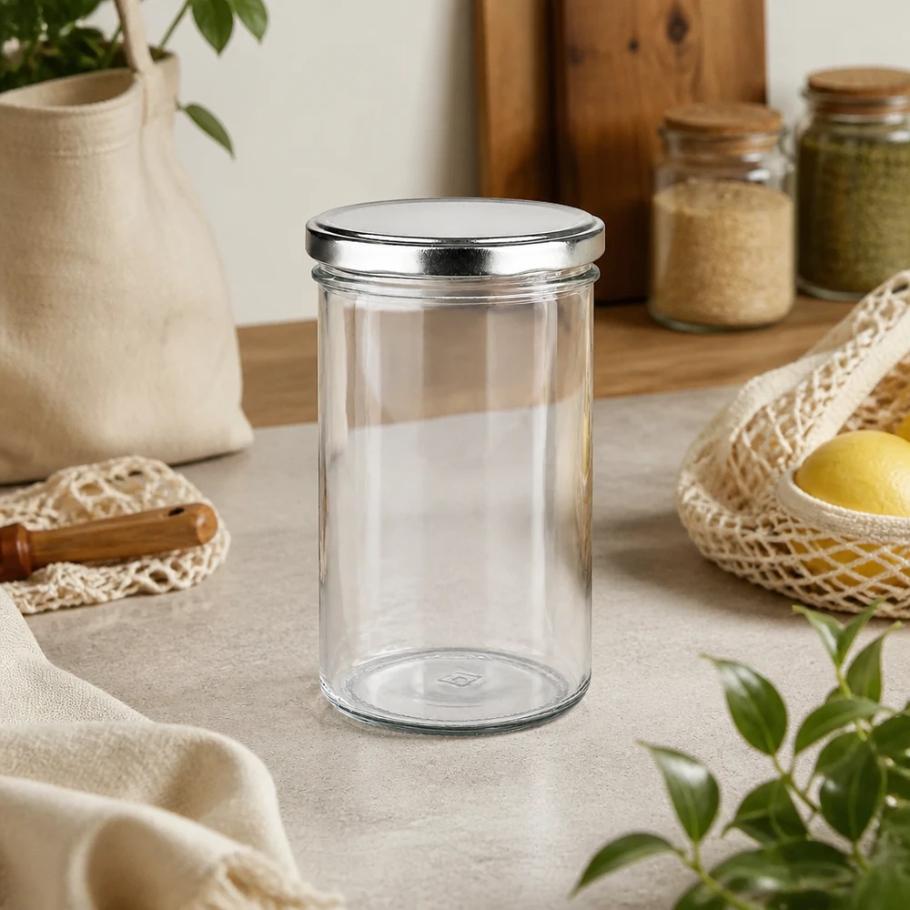 277 ml bekers met BasicSeal deksel zilver in duurzame zero-waste keuken naast mandjes en voorraadpotten