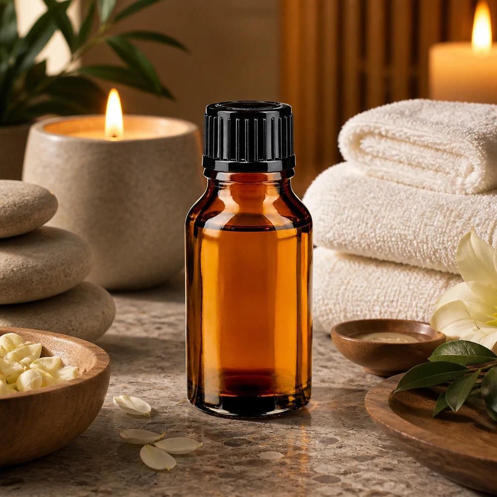 Apotheekflesje van 15 ml met kindveilige schroefdop, zwart, in een wellness-omgeving met kaarsen