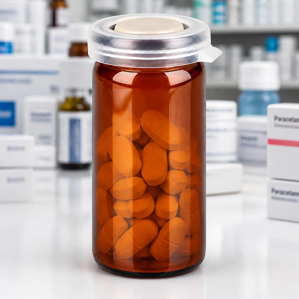 10ml tablettenglas bruin incl. klikdeksel (rolrand glas) Stevig glas met oprolbare rand en kliksluiting, gevuld met talrijke oranje medicijntabletten