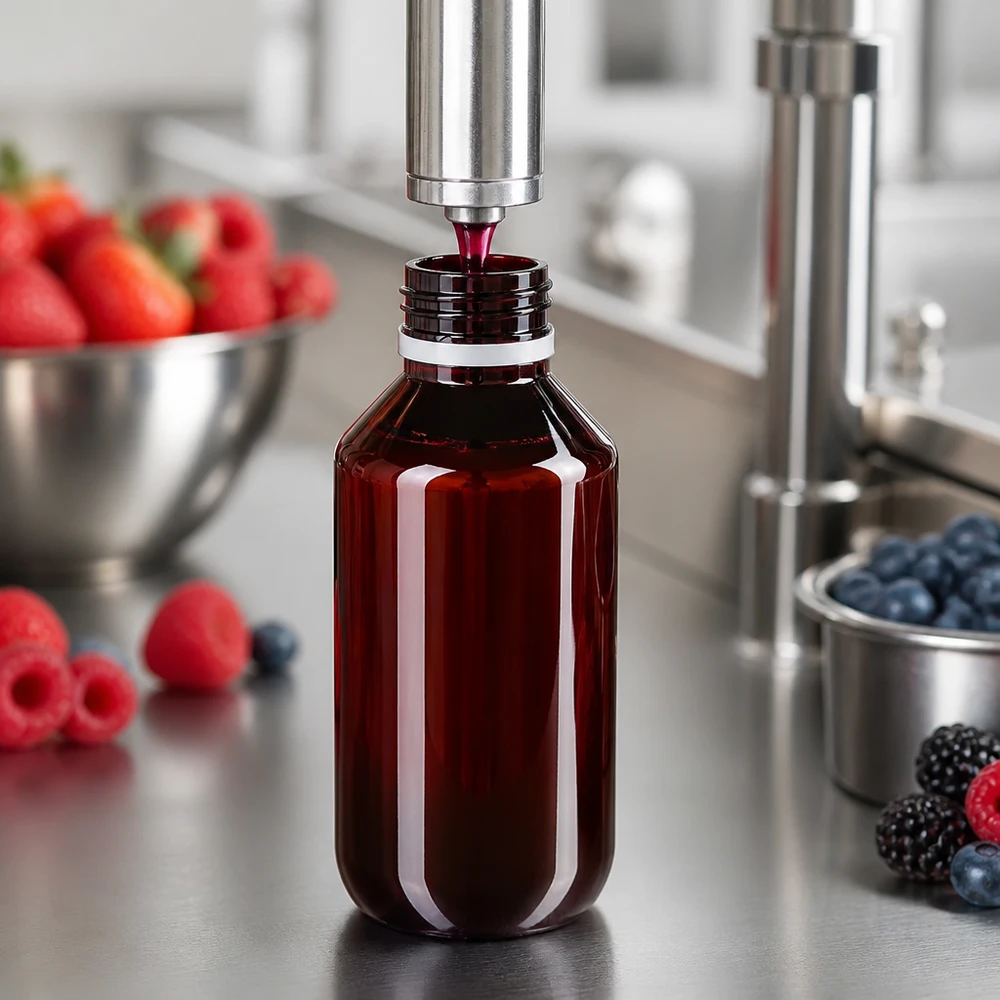 Bruine ronde PET-fles van 200 ml met witte verzegeling voor sappen en siropen