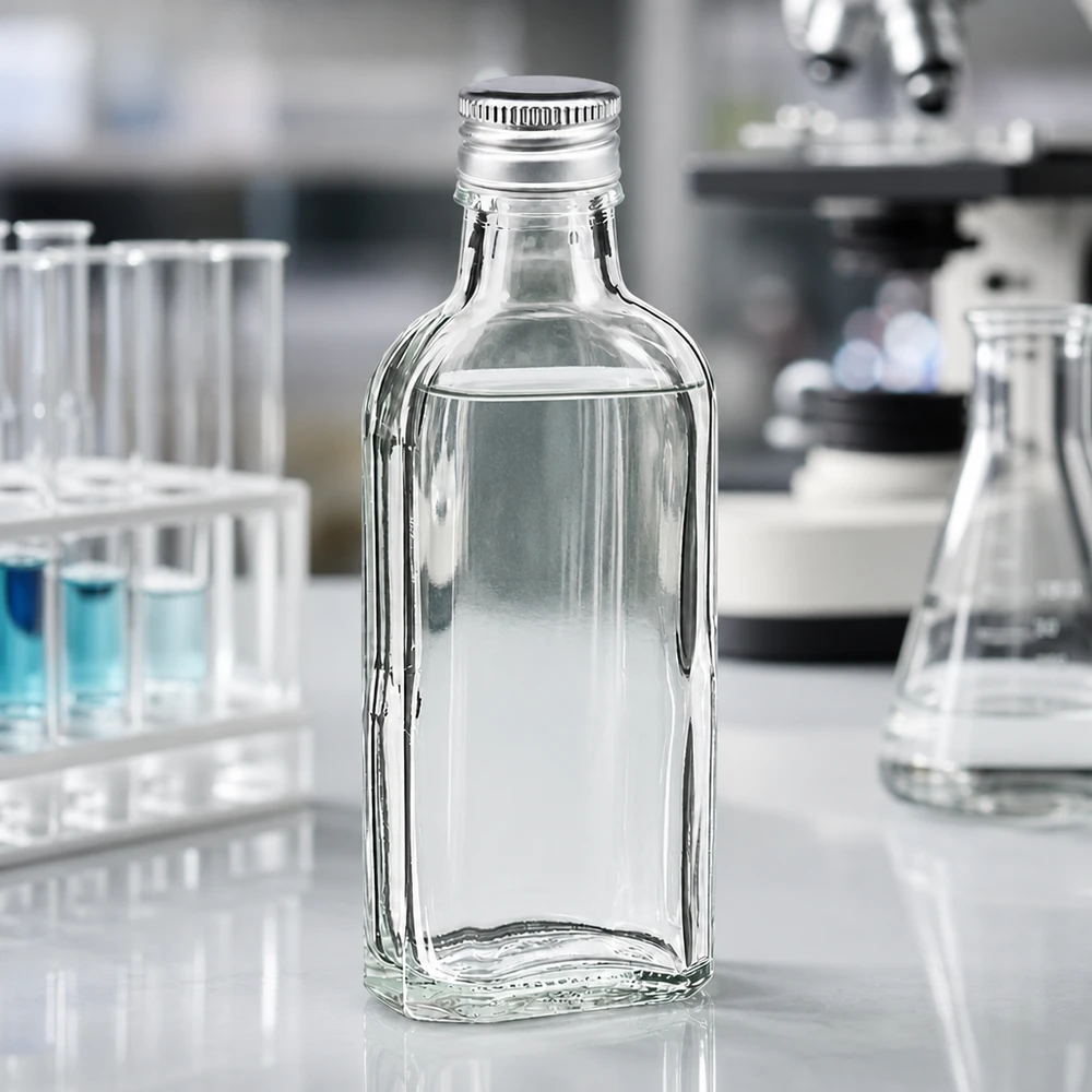 Meplat glazen flesje 100 ml, helder, met zilverkleurige aluminium dop PP22 naast een Erlenmeyer-kolf