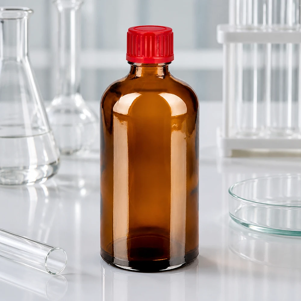 Robuuste 100 ml apothekersfles van donker glas met stevige rode schroefdop