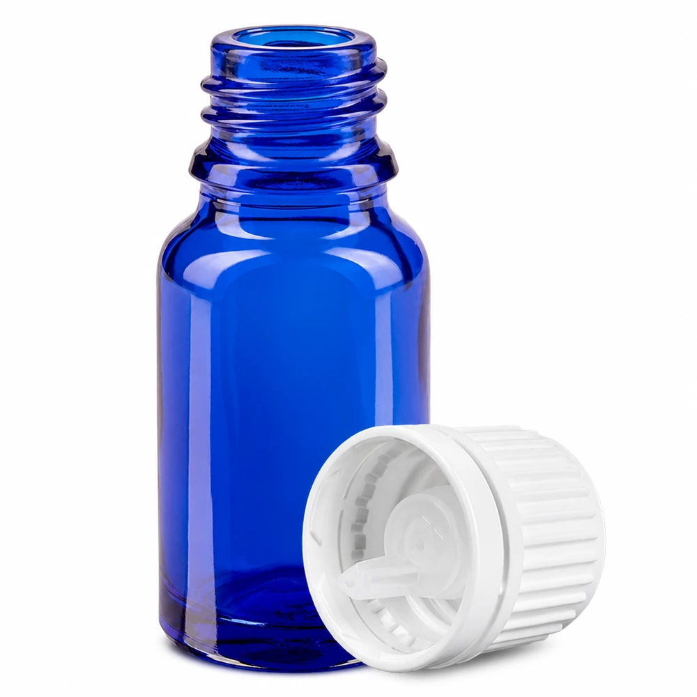 10ml Druppelflesje 0.7mm wit OV BlueLine UT18/10 Compact blauw glazen flesje van 10 ml met nauwkeurig druppelsysteem voor essentiële oliën en tincturen