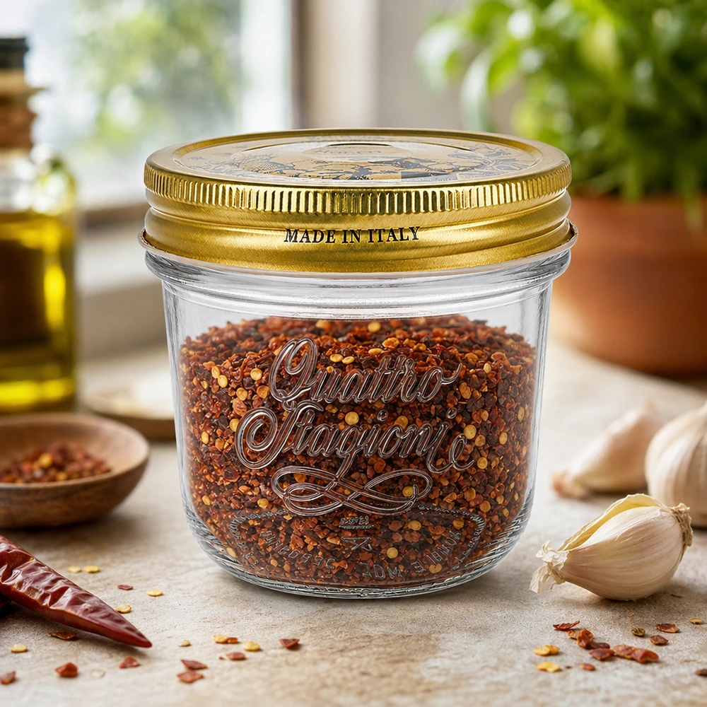 200 ml Quattro Stagioni bekers met gouden deksel gevuld met chilikruidenmix Made in Italy op keukenblad.