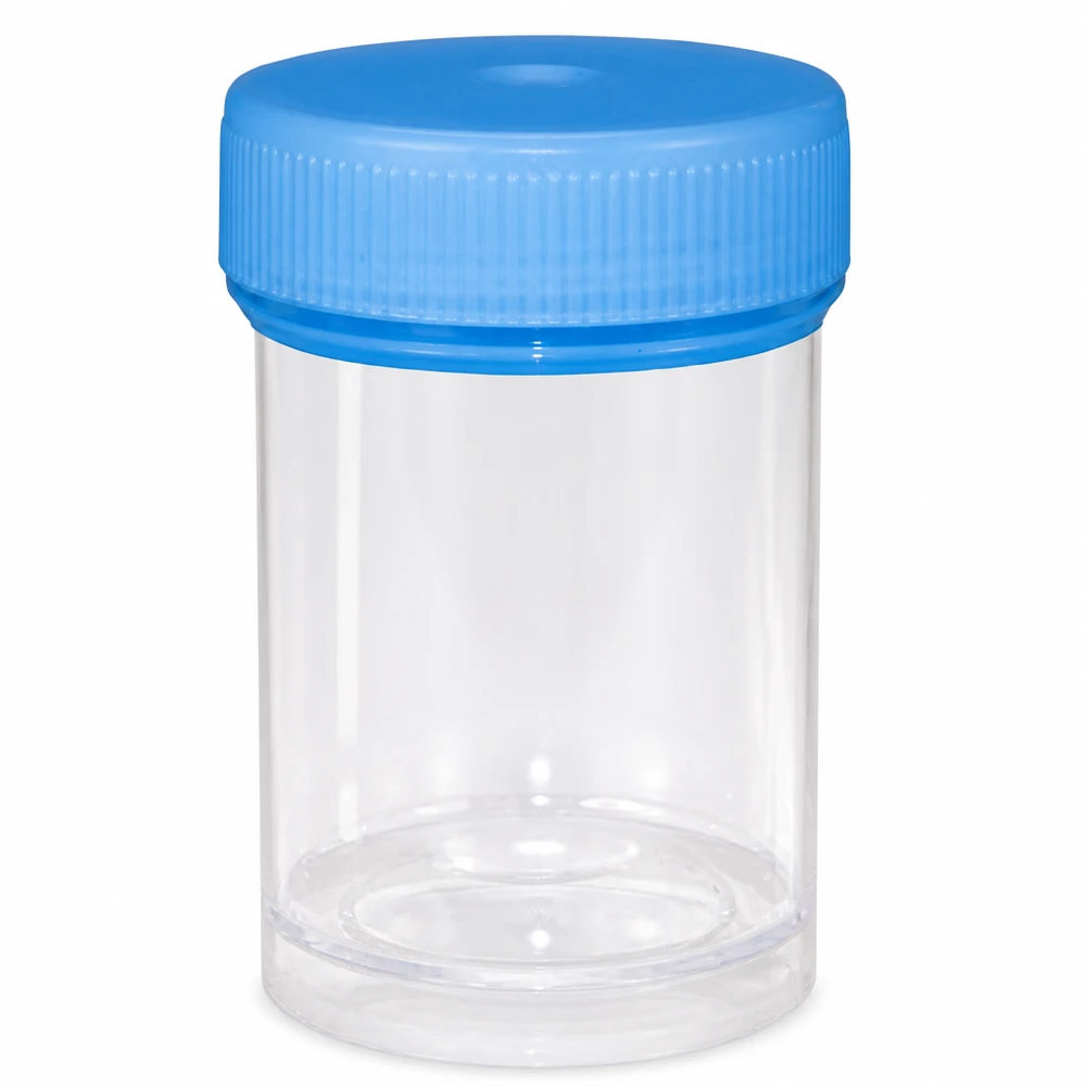 Universele kunststof pot (pathologie pot) 35ml Steriel monsterbuisje van 35 ml van doorzichtig kunststof met een blauwe dop voor urinemonsters