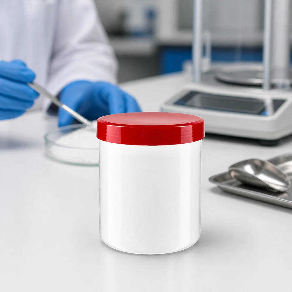 Zalfpotje van 10 g, cilindrisch, wit met rode deksel, voor cosmetica en farmacie