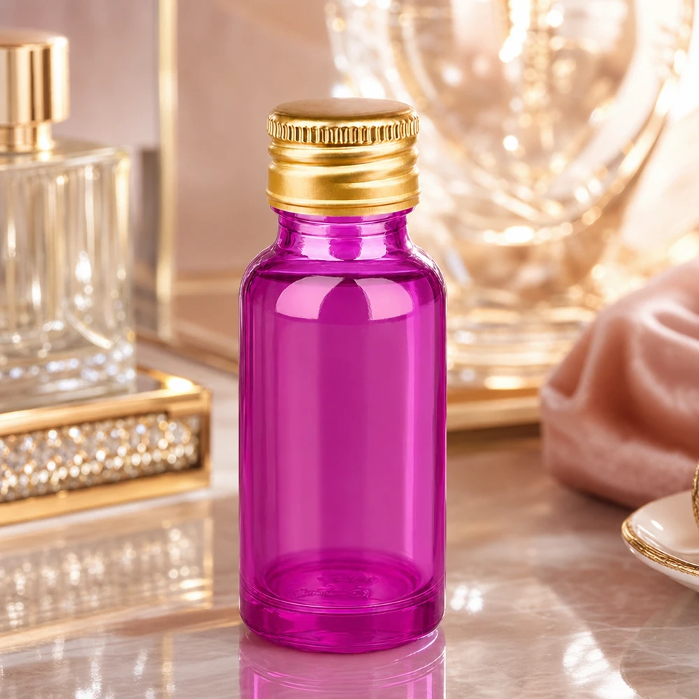 Compact paars glazen flesje van 20 ml met luxe gouden dop, ideaal voor reisbenodigdheden
