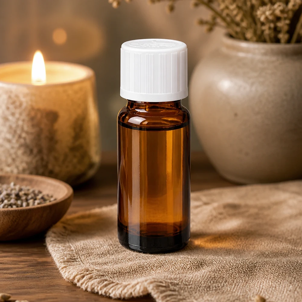 Bruine glazen fles 10ml met wit druppelsluiting kinderslot St Bruine apothekersdruppelfles van 10 ml in een ontspannen wellness-sfeer met hout en natuurlijke materialen