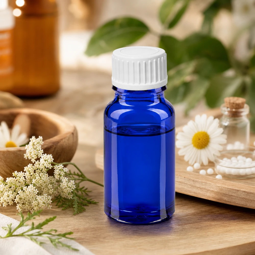 Hoogwaardig blauw glazen flesje 10ml met wit borstelopzetstuk voor therapeutische doeleinden