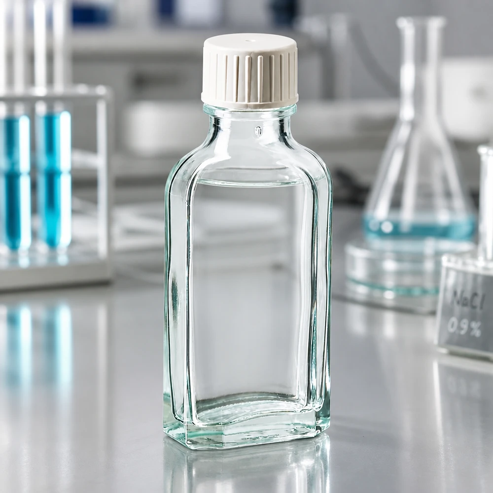 50 ml witte meplatfles met DIN 22 monding, inclusief schroefsluiting DIN 22 wit met gietring Vlakke Meplat-fles van helder glas, 50 ml, ideaal voor tincturen, oliën en laboratoriumvloeistoffen