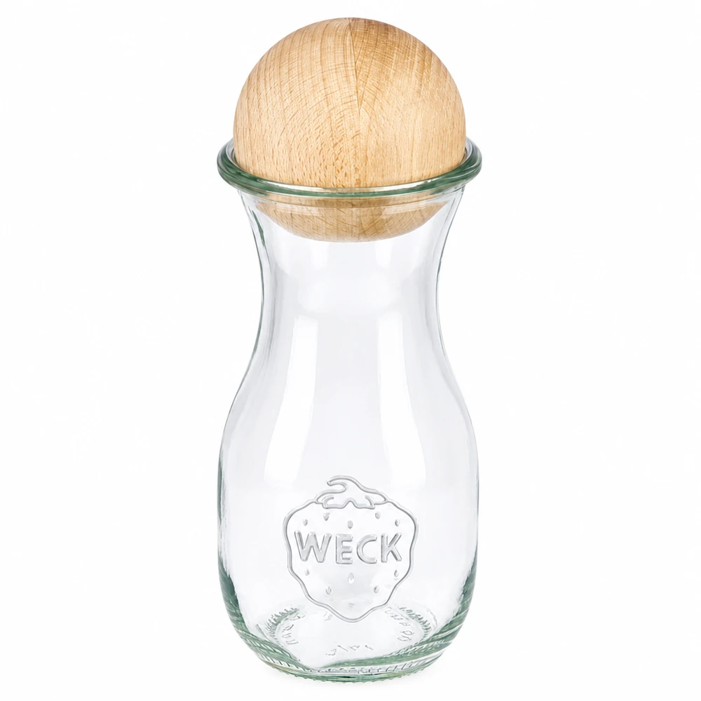290ml sapflessen WECK RR60 met houten bal WECK sapfles 290ml RR60 van glas met houten beukenhouten bol als dop, klassiek ontwerp voor drankjes
